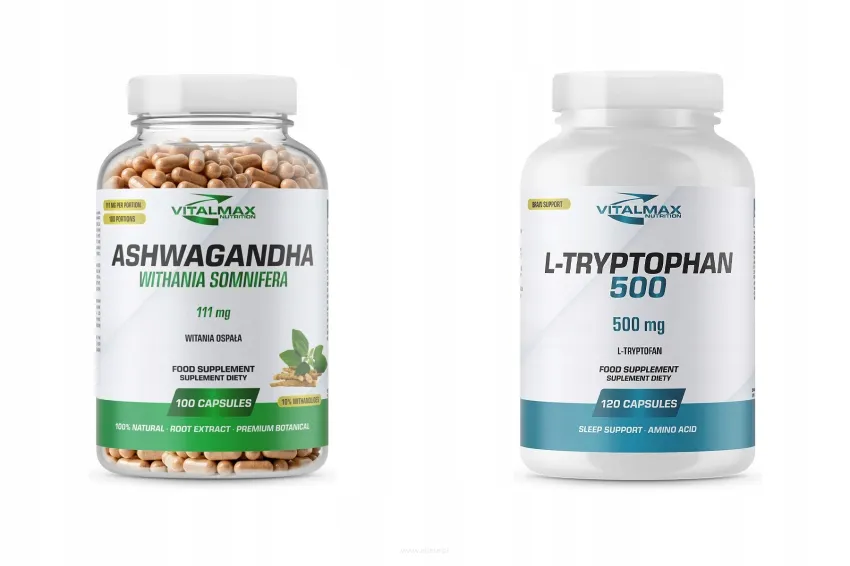 ZESTAW Vitalmax Ashwagandha 111mg 100 kapsułek + L-Tryptophan Tryptofan 120 kapsułek