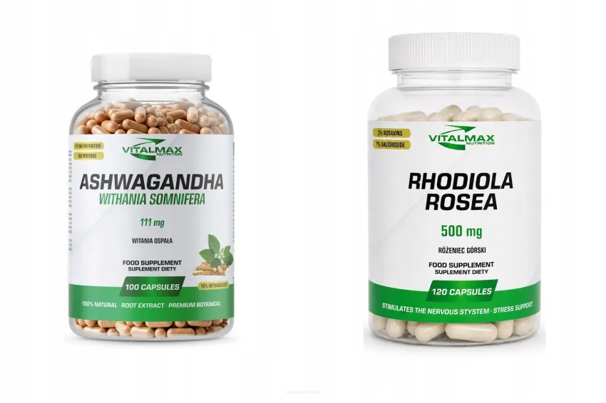 ZESTAW Vitalmax Ashwagandha 111mg 100 kapsułek + Rhodiola Rosea Różeniec górski 120 kapsułek