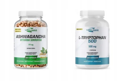 ZESTAW Vitalmax Ashwagandha 111mg 100 kapsułek + L-Tryptophan Tryptofan 120 kapsułek