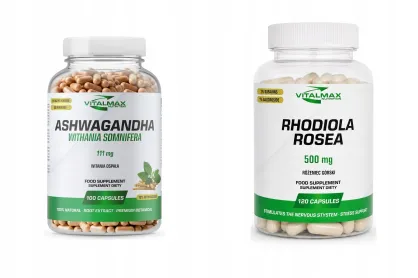 ZESTAW Vitalmax Ashwagandha 111mg 100 kapsułek + Rhodiola Rosea Różeniec górski 120 kapsułek