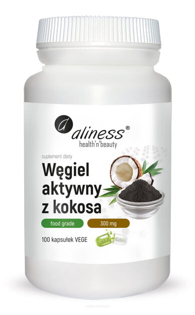 Aliness Węgiel aktywny z kokosa Food Grade 300 mg | 100 kapsułek