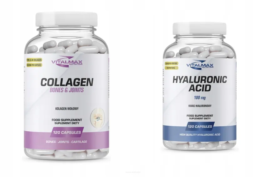 ZESTAW Vitalmax Collagen 120 kapsułek kolagen wołowy + Hyaluronic Acid Kwas Hialuronowy 100mg 120 kapsułek