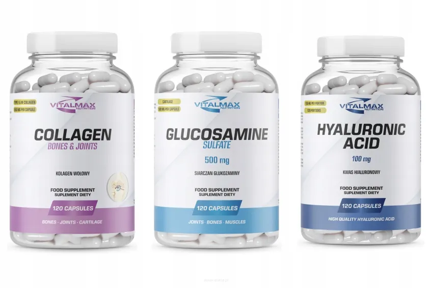 ZESTAW Vitalmax Collagen 120 kapsułek kolagen wołowy + Glucosamine Sulfate 120 kapsułek + Hyaluronic Acid Kwas Hialuronowy 100mg 120 kapsułek