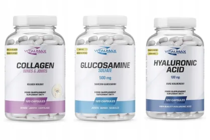 ZESTAW Vitalmax Collagen 120 kapsułek kolagen wołowy + Glucosamine Sulfate 120 kapsułek + Hyaluronic Acid Kwas Hialuronowy 100mg 120 kapsułek