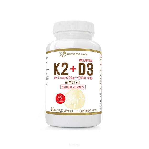 Progress Labs Witamina K2 VitaMK7 Z Natto 200mcg + D3 4000IU 100mcg w oleju MCT | 120 Kapsułek