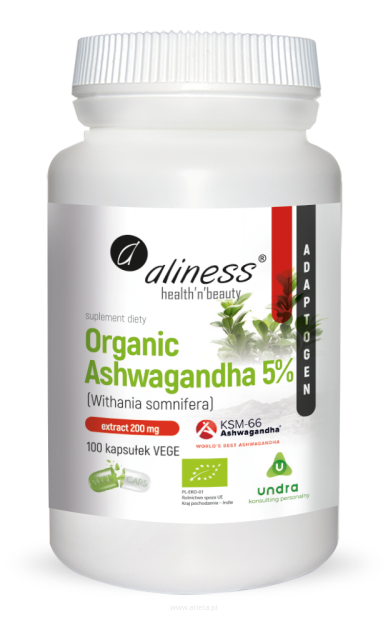 Aliness Organic Ashwagandha 5% KSM-66 200mg | 100 vege kapsułek