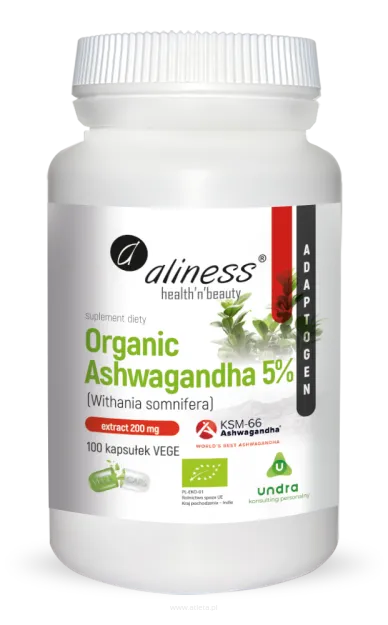Aliness Organic Ashwagandha 5% KSM-66 200mg | 100 vege kapsułek