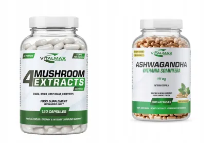 ZESTAW Vitalmax 4 Mushroom Extracts Grzyby Prozdrowotne 120 kapsułek + Ashwagandha 111mg 100 kapsułek