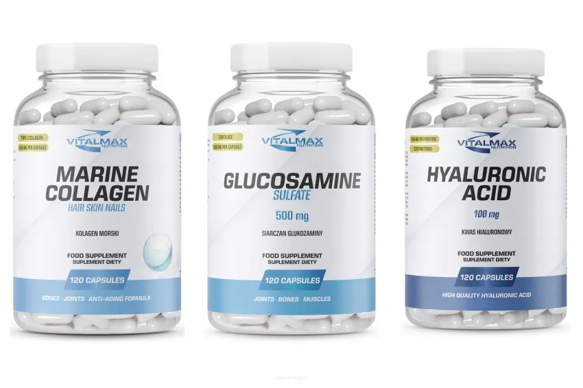 ZESTAW Vitalmax Marine Collagen 120 kapsułek kolagen morski + Glucosamine Sulfate 120 kapsułek + Hyaluronic Acid Kwas Hialuronowy 100mg 120 kapsułek