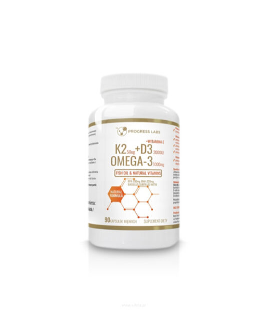 Progress Labs K2 MK7 50mcg + D3 2000 + Omega 3 1000mg | 90 kaps.