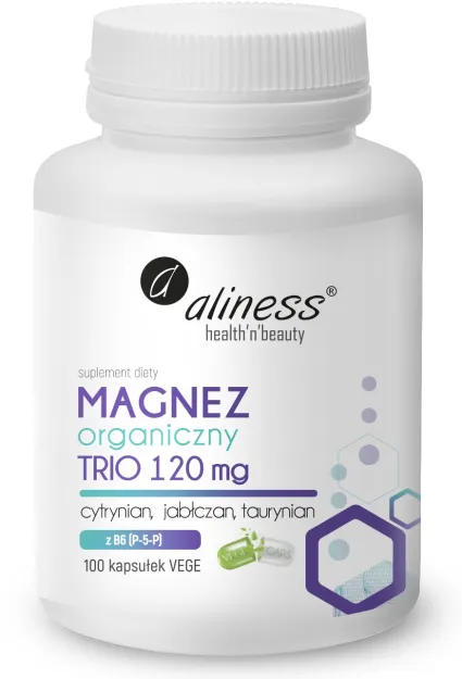 Aliness Magnez Organiczny Trio 120mg + B6 (P-5-P) | 100 vege kapsułek