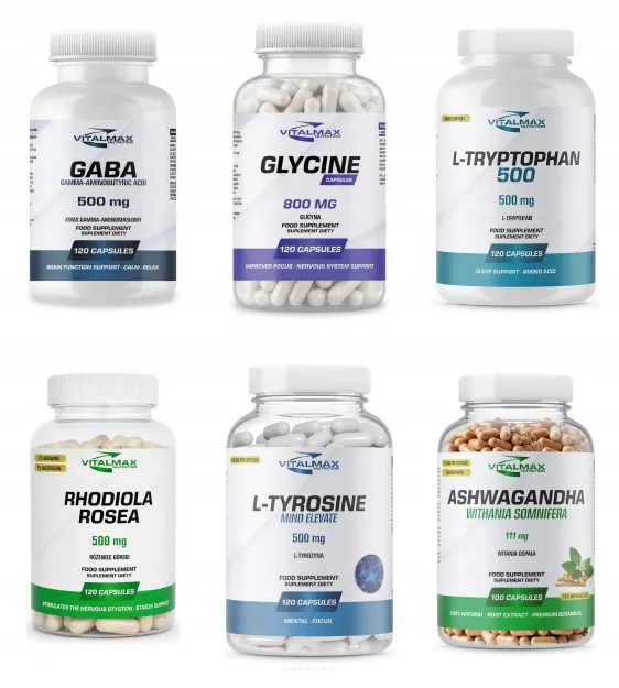 ZESTAW Vitalmax GABA + Glicyna + Tryptofan + Rhodiola + Tyrozyna + Ashwagandha | 6 produktów