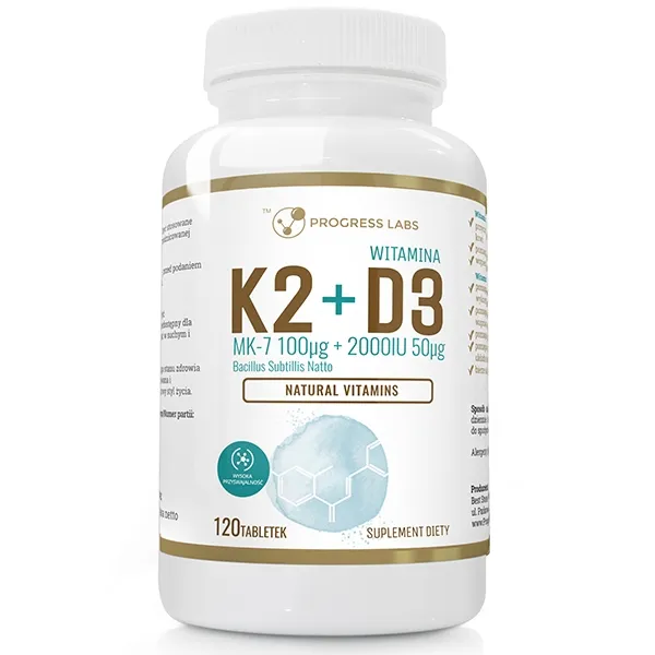 Progress Labs Witamina K2 MK-7 100µg + D3 2000IU z NATTO  | 120 tabletek